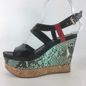 Tapeet Vicini Black Platform Teal Snake Wedge